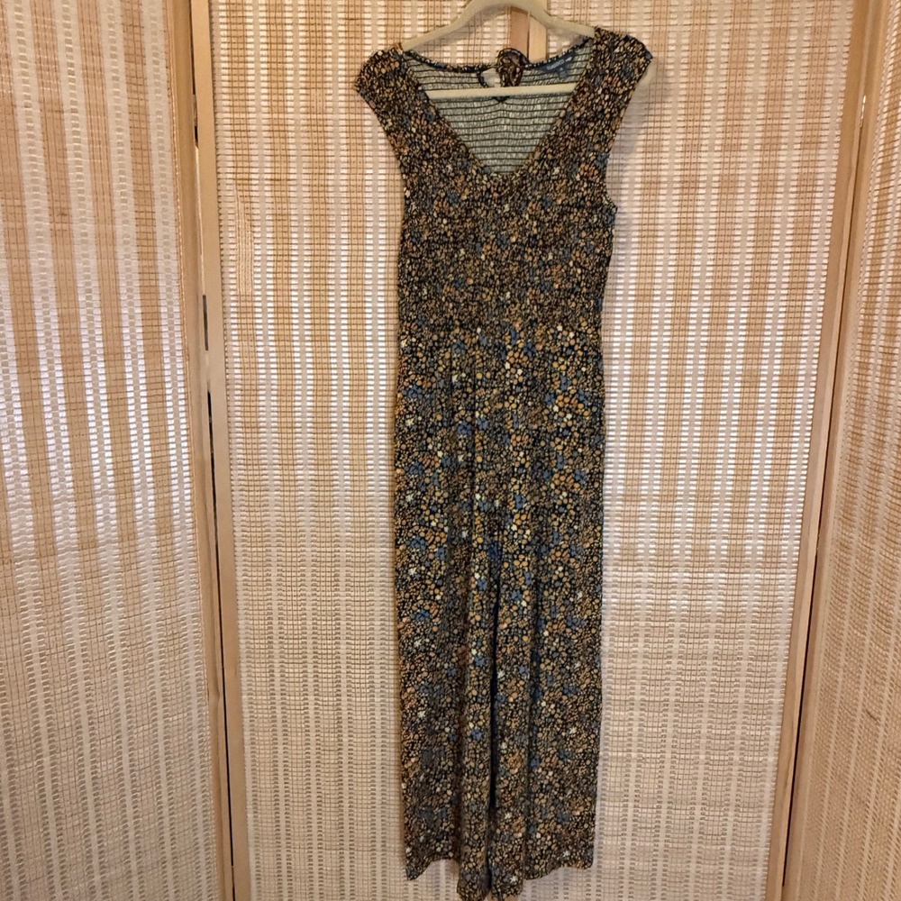 Floral Smocked Wide Leg Jumpsuit V-Neck Sleeveless Orange Blue Ditsy Print Boho